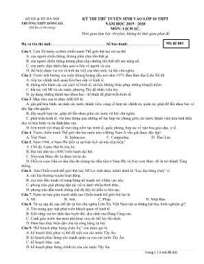 Đề thi thử tuyển sinh vào Lớp 10 THPT môn Lịch sử - Mã đề 001 - Năm học 2019-2020 - Trường THPT Hồng Hà